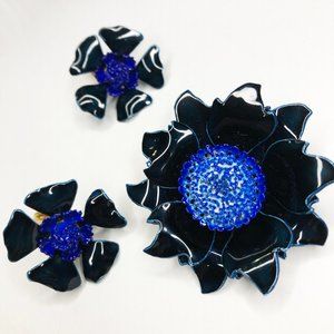 Vintage 1960s Navy Blue Anemone Flower Demi-Parure